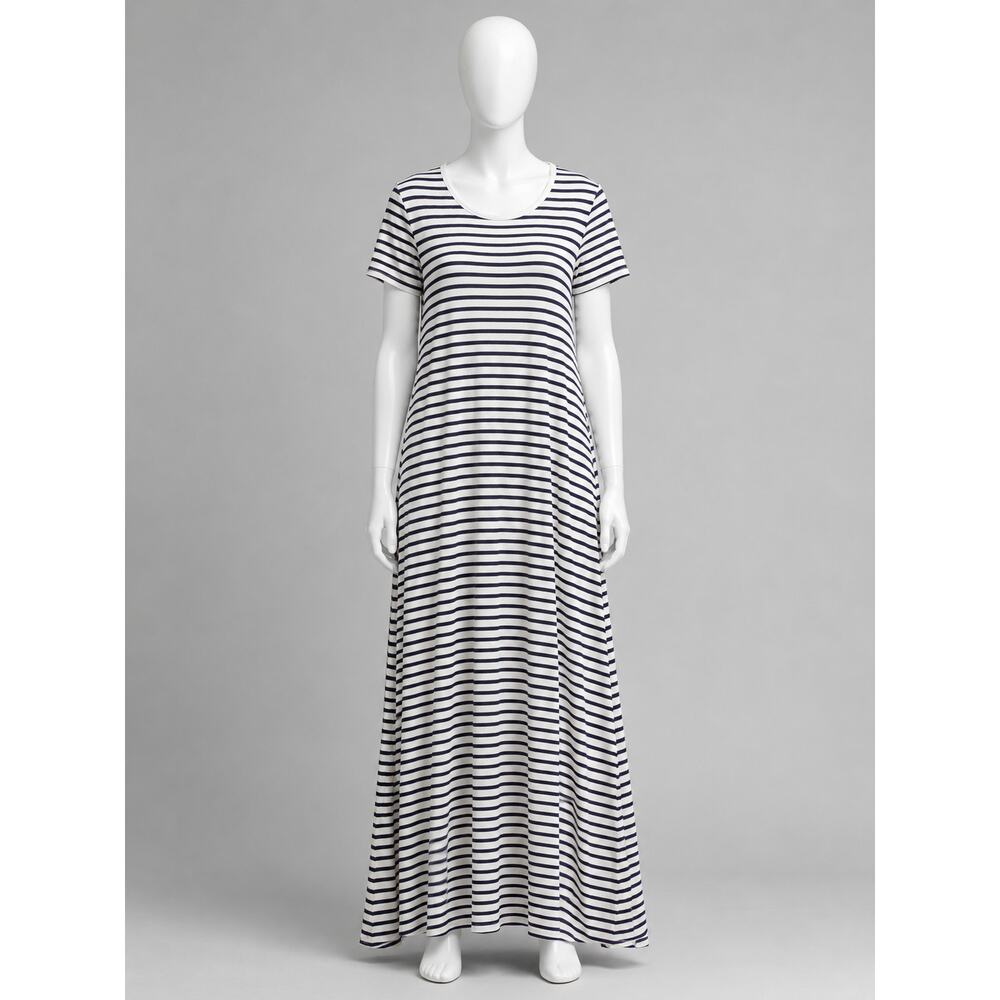 Quince Striped Maxi Dress Medium Navy White Short Sleeve Casual Soft cottagecore